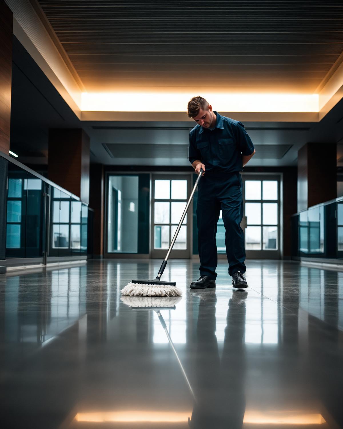 Solva technician cleaning a polished commercial floor
